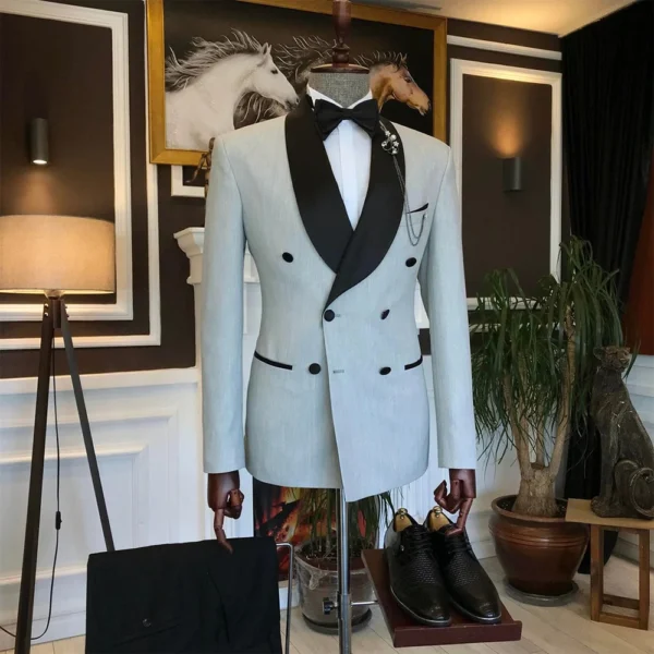 Light Grey Tuxedo Wedding With Velvet Lapel For Men - Image 5