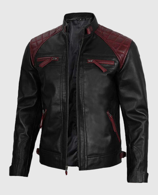 Men's Quilted Cafe Racer Black and Maroon Leather Jacket - Image 5
