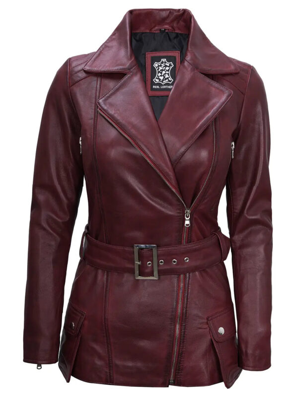 Women's Maroon Asymmetrical Biker Leather Jacket - Image 3