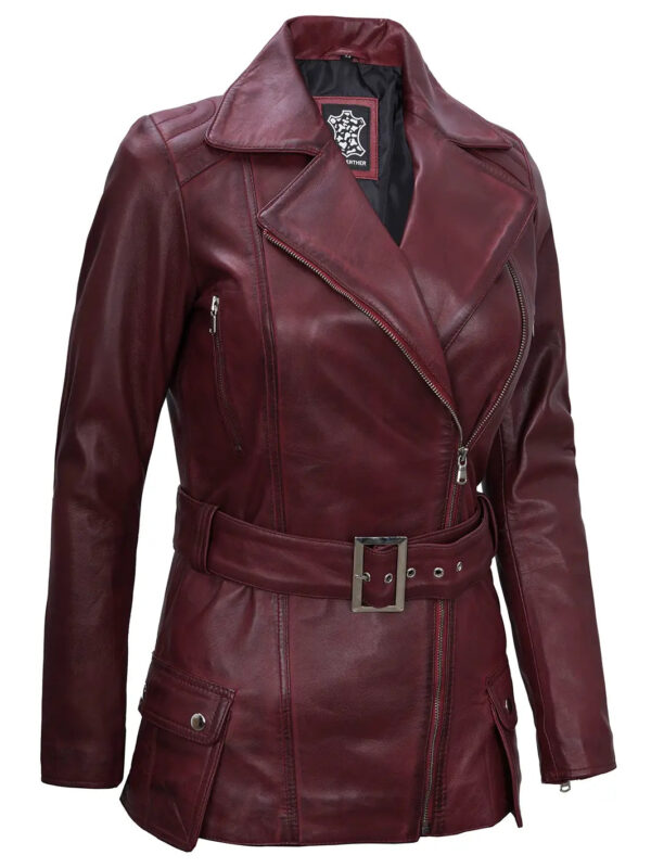 Women's Maroon Asymmetrical Biker Leather Jacket - Image 4