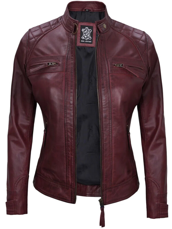 Johnson Women's Maroon Quilted Cafe Racer Leather Jacket - Image 4