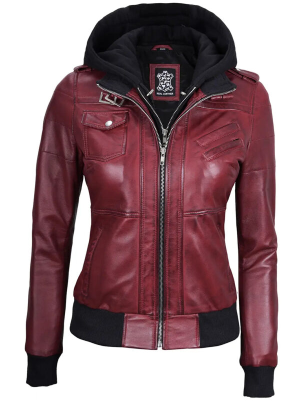 Edinburgh Maroon Leather Bomber Jacket With Hood - Image 4