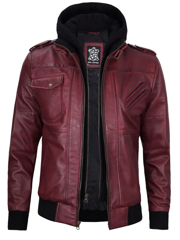 Edinburgh Mens Maroon Bomber Hooded Leather Jacket - Image 5