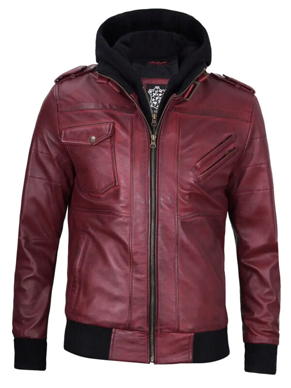 Edinburgh Mens Maroon Bomber Hooded Leather Jacket - Image 7