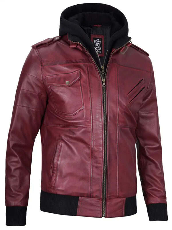 Edinburgh Mens Maroon Bomber Hooded Leather Jacket - Image 6