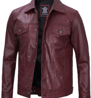 Maroontruckerleatherjacket