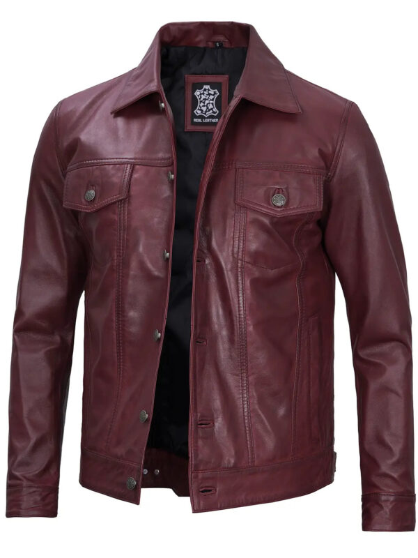 Fernando Men's Maroon Leather Trucker Jacket