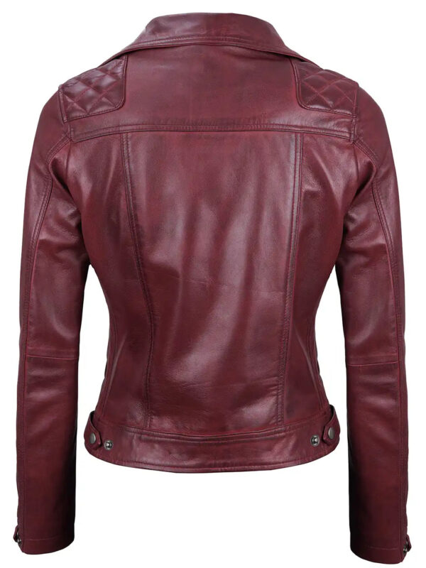 Kimberley Women's Asymmetrical Maroon Quilted Moto Leather Jacket - Image 2