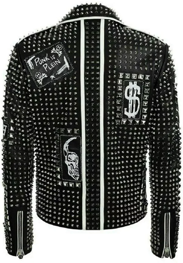 Men’s Brando Studded Multi Patches Punk Black Leather Jacket - Image 2