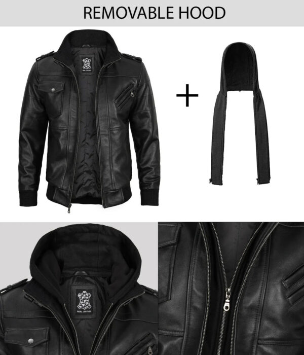 Edinburgh Mens Black Bomber Leather Jacket With Removable Hood - Image 5