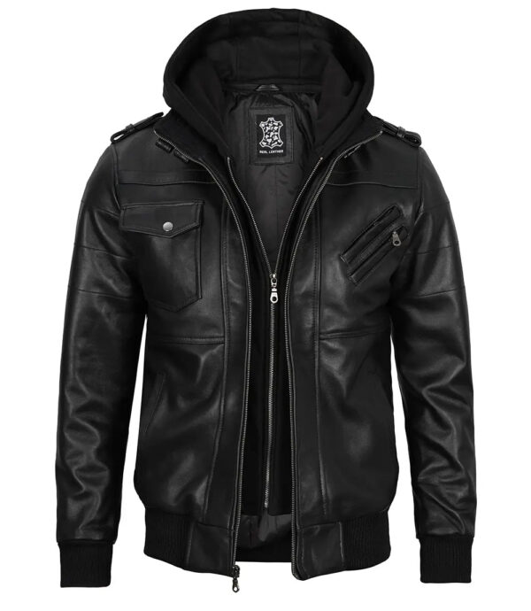 Edinburgh Mens Black Bomber Leather Jacket With Removable Hood - Image 4