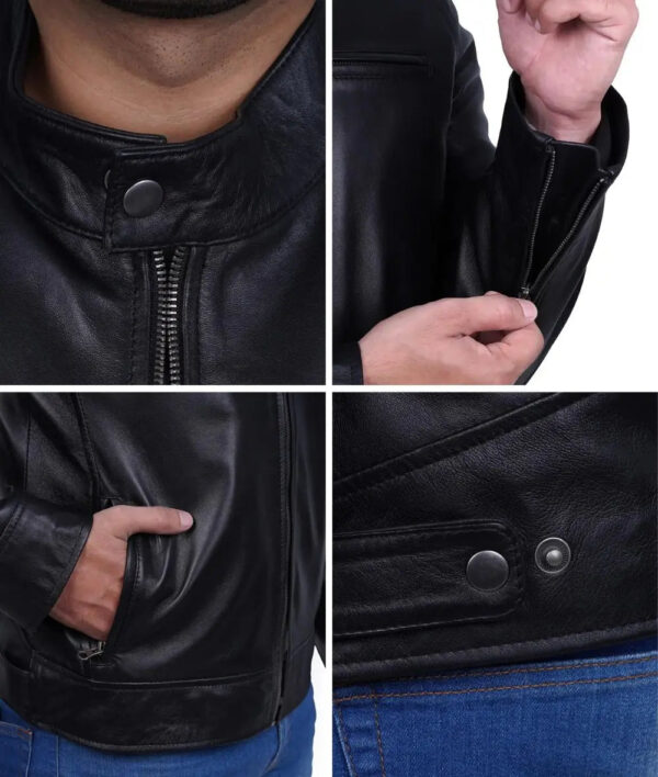 Dodge Mens Black Cafe Racer Leather Biker Jacket - Image 6