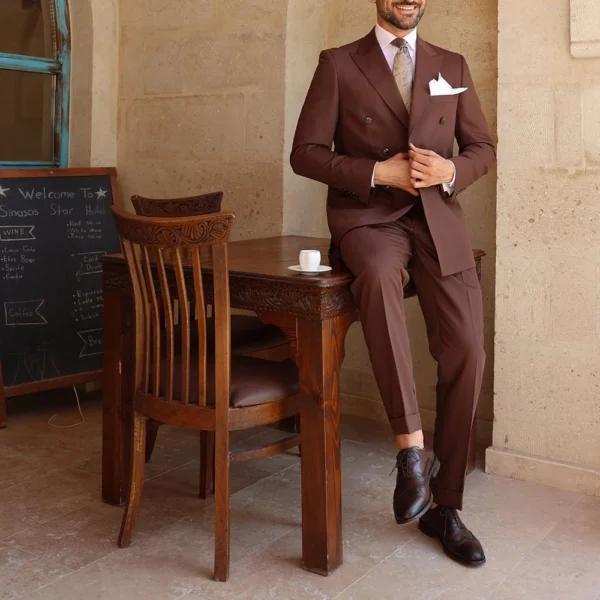Mens 2 Piece Slim Fit Brick Brown Suit With Lapel Collar - Image 6