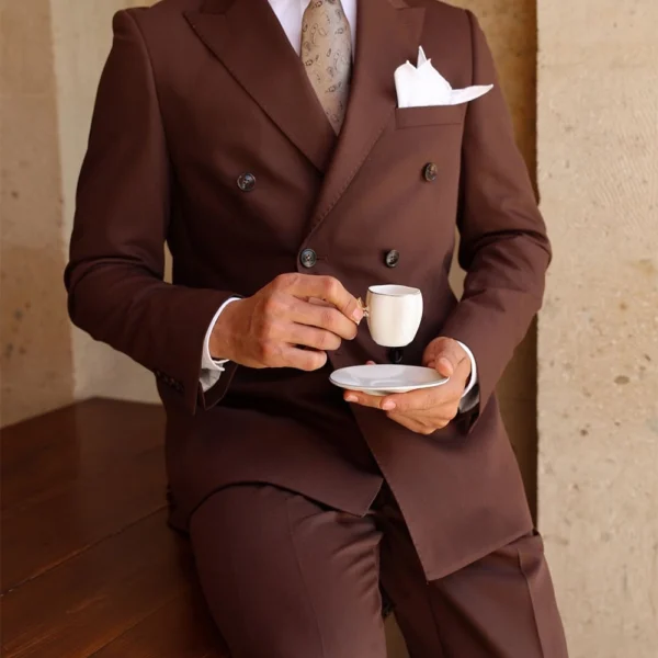 Mens 2 Piece Slim Fit Brick Brown Suit With Lapel Collar