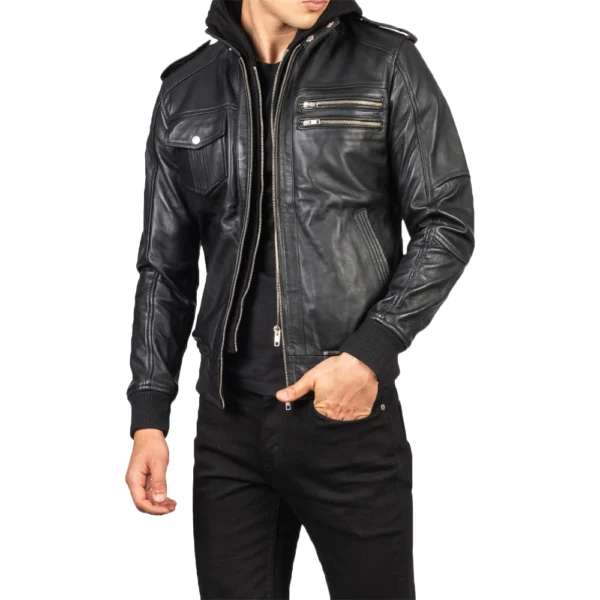 Mens Black Real Leather Jacket with Detachable Hood - Image 2