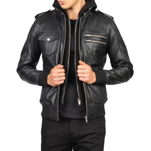 Mens Black Real Leather Jacket with Detachable Hood - Image 4