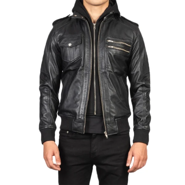 Mens Black Real Leather Jacket with Detachable Hood