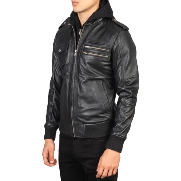 Mens Black Real Leather Jacket with Detachable Hood - Image 5