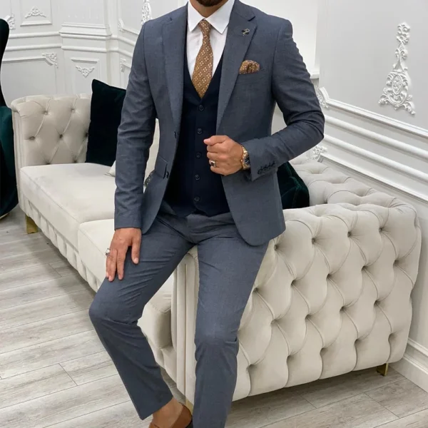 Mens Navy Blue Tweed 3 Piece Suit - Image 7