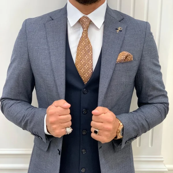 Mens Navy Blue Tweed 3 Piece Suit - Image 2