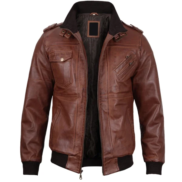 Mens Brown Real Leather Jacket with Detachable Hood - Image 3