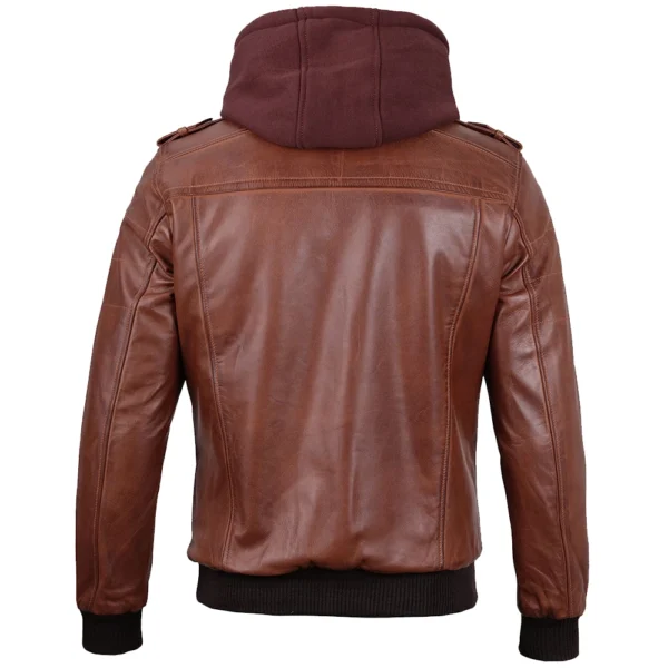 Mens Brown Real Leather Jacket with Detachable Hood - Image 4