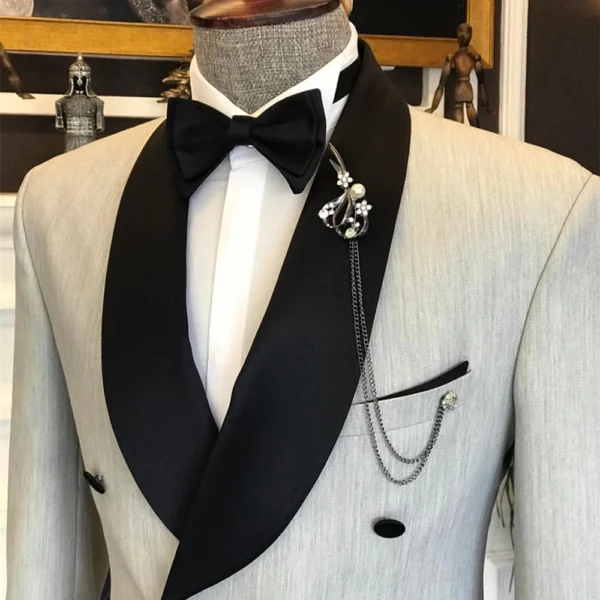 Light Grey Tuxedo Wedding With Velvet Lapel For Men - Image 3