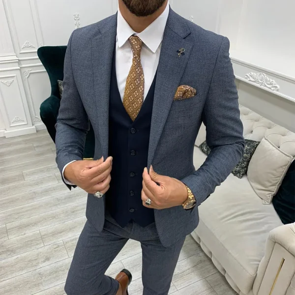 Mens Navy Blue Tweed 3 Piece Suit
