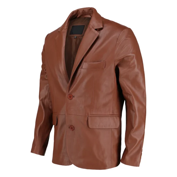 Men’s Slim fit Notched Lapel Brown Leather Blazer - Image 2