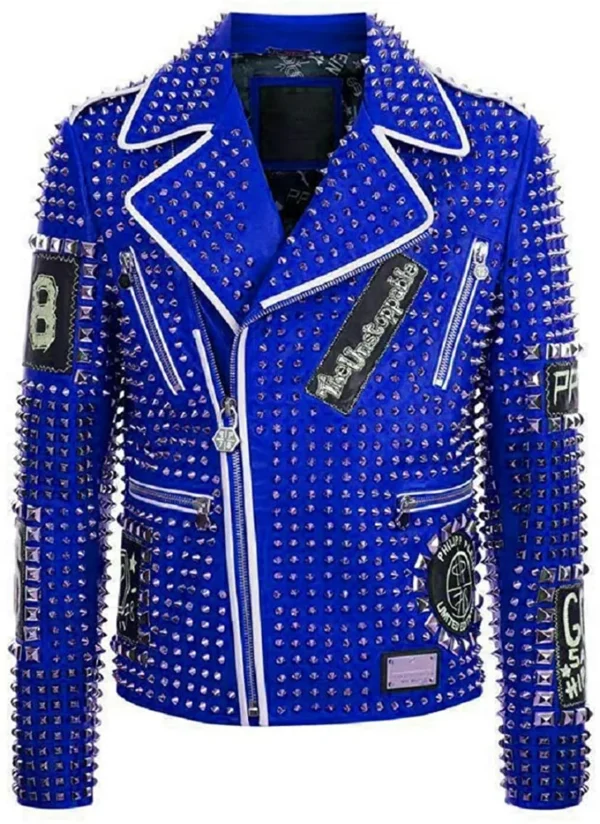 Men’s Brando Studded Multi Patches Punk Black Leather Jacket - Image 3