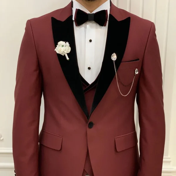 Burgundy Three Piece Suit For Men - Image 3
