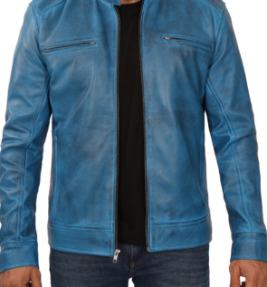 MensBlueRealLambskinBikerLeatherJacket