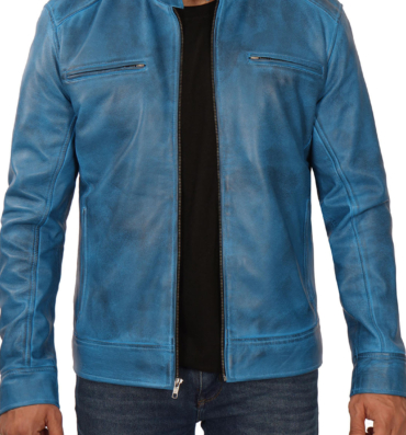 MensBlueRealLambskinBikerLeatherJacket