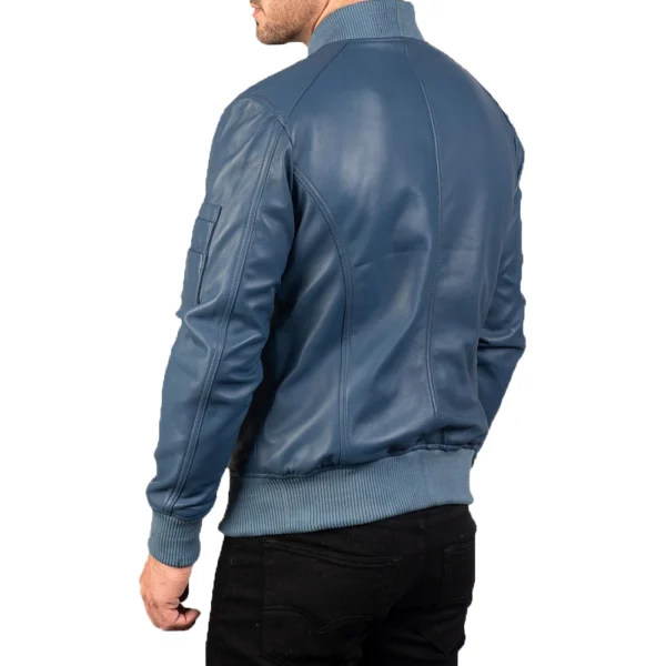 Mens Classical Blue Bomber Leather Jacket - Image 3