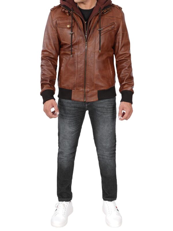Edinburgh Mens Brown Tall Bomber Leather Jacket With Removable Hood - Image 9