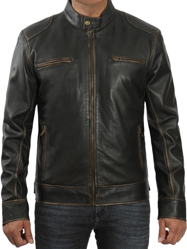Dodge Tall Mens Dark Brown Cafe Racer Leather Jacket - Image 3