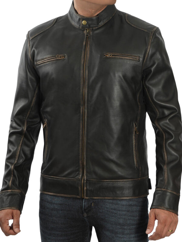 Dodge Tall Mens Dark Brown Cafe Racer Leather Jacket - Image 7