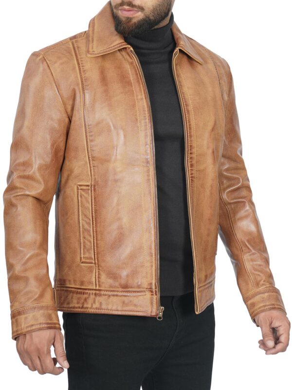 Men's Camel Motorcycle Leather Jacket - Image 4