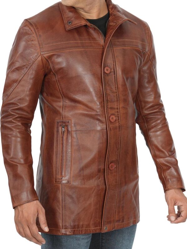 Bristol Tall Mens Vintage Cognac Brown Leather Car Coat - Image 4