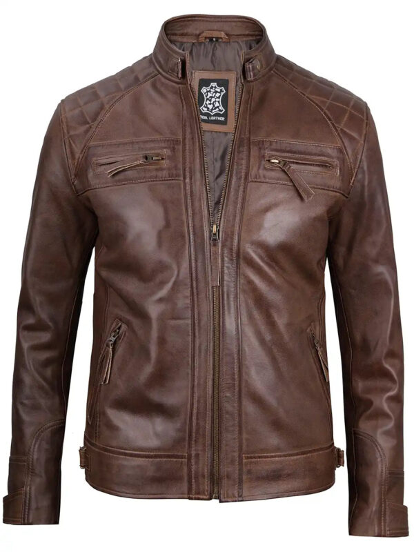 Men Chocolate Brown Cafe Racer Real Leather Jacket - Image 4
