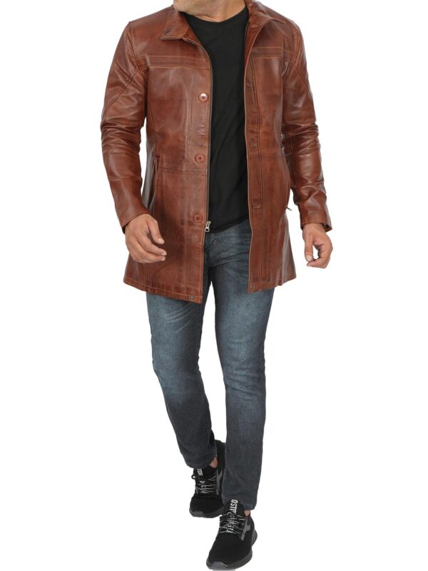 Bristol Tall Mens Vintage Cognac Brown Leather Car Coat - Image 9