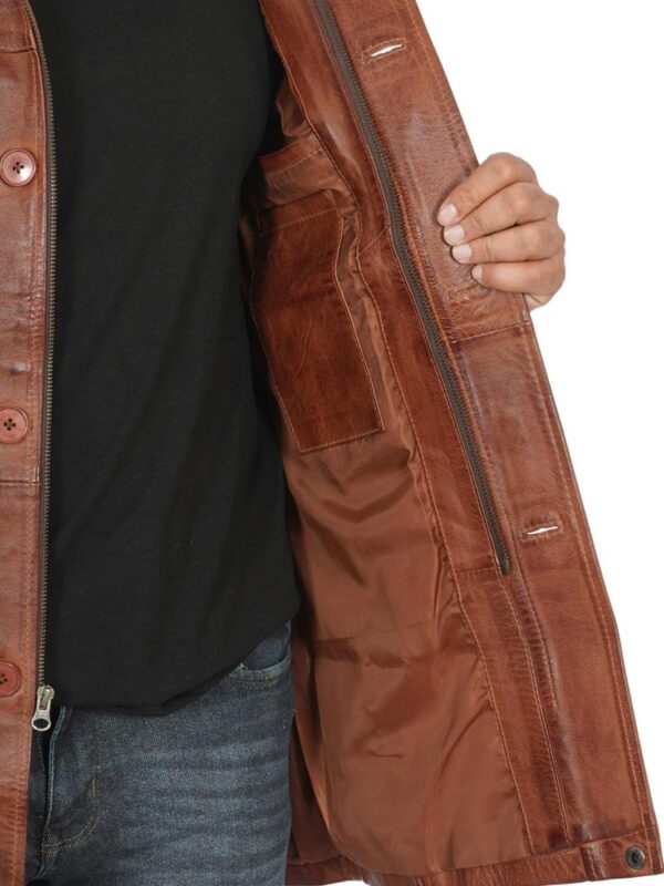 Bristol Tall Mens Vintage Cognac Brown Leather Car Coat - Image 7