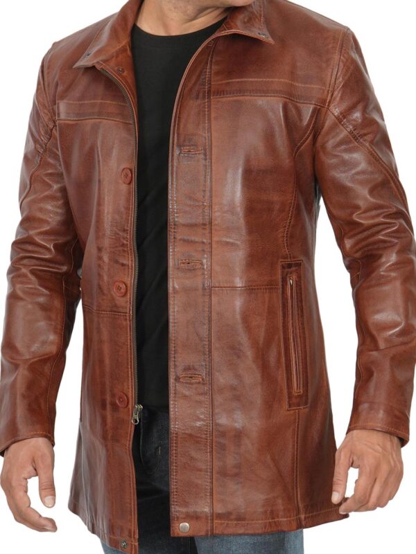 Bristol Tall Mens Vintage Cognac Brown Leather Car Coat - Image 5