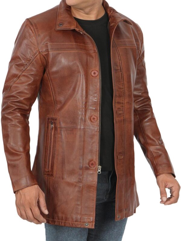 Bristol Tall Mens Vintage Cognac Brown Leather Car Coat - Image 6