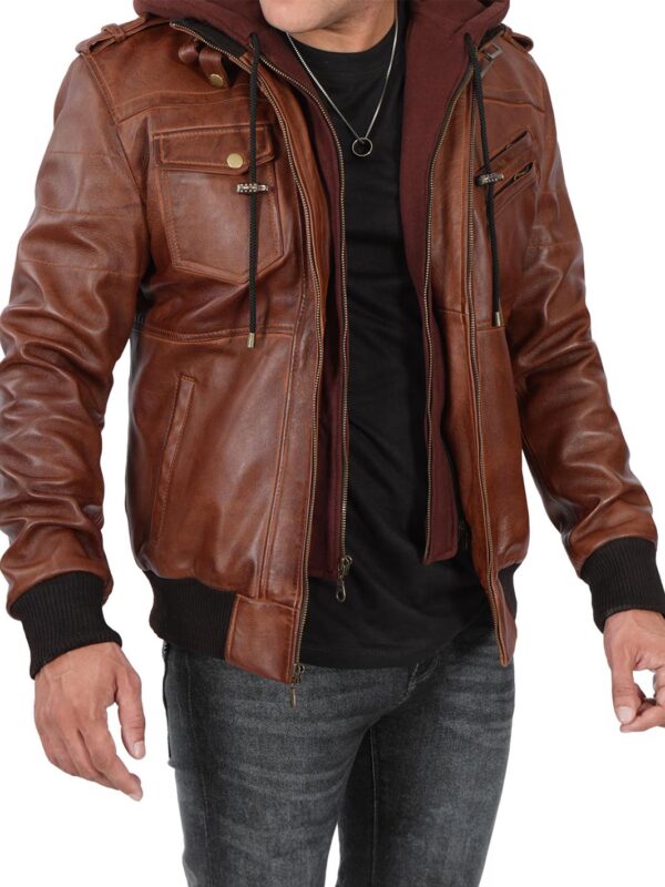 Edinburgh Mens Brown Tall Bomber Leather Jacket With Removable Hood - Image 5