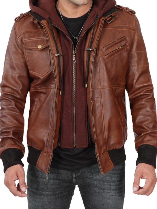 Edinburgh Mens Brown Tall Bomber Leather Jacket With Removable Hood - Image 3