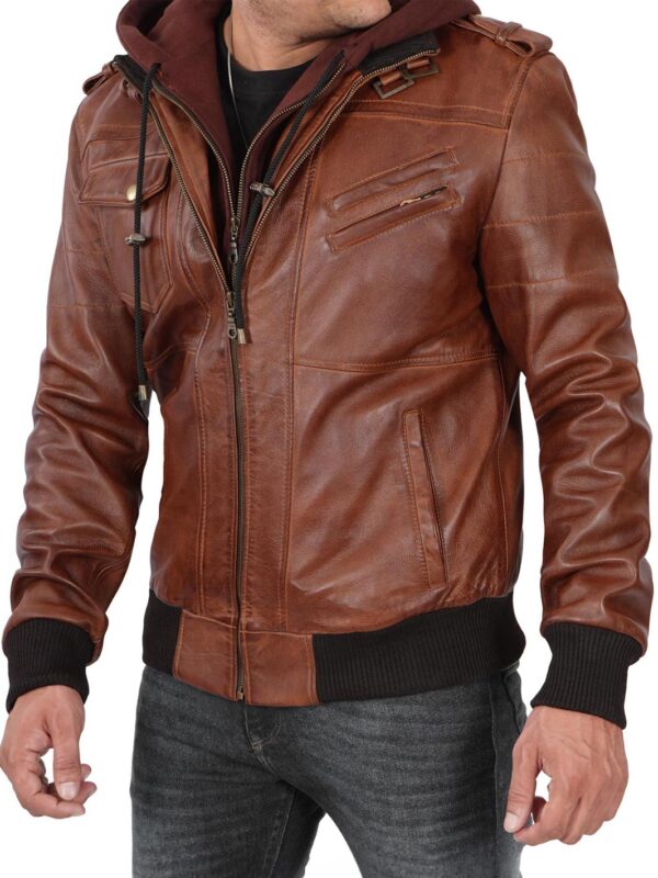Edinburgh Mens Brown Tall Bomber Leather Jacket With Removable Hood - Image 6