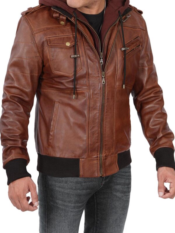 Edinburgh Mens Brown Tall Bomber Leather Jacket With Removable Hood - Image 7