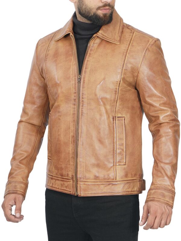 Men's Camel Motorcycle Leather Jacket - Image 7