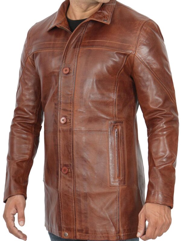 Bristol Tall Mens Vintage Cognac Brown Leather Car Coat - Image 8